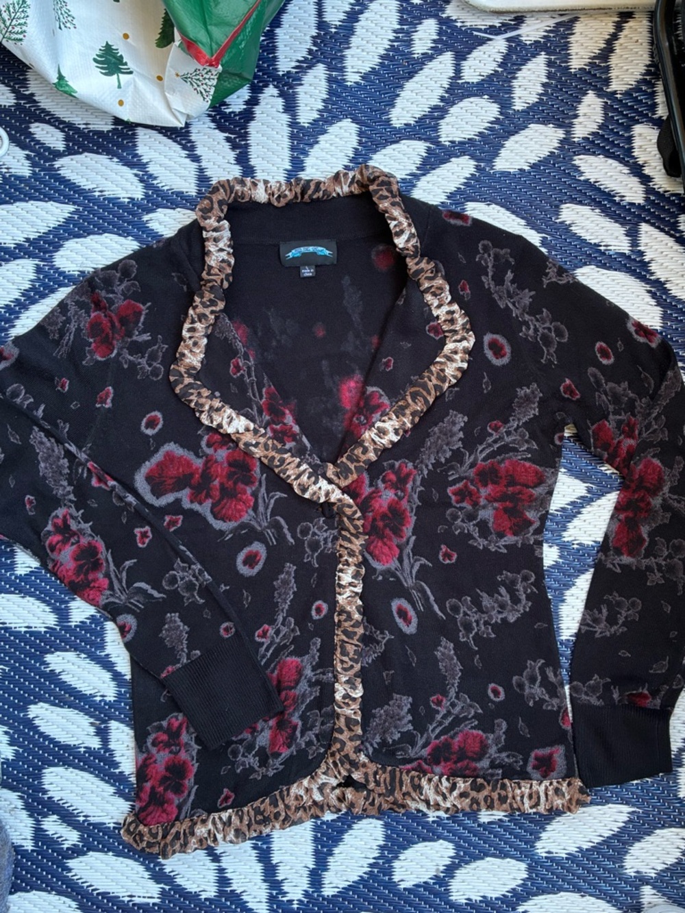 Black Floral Cardigan with Leopard Trim - Women Sweaters Till The End